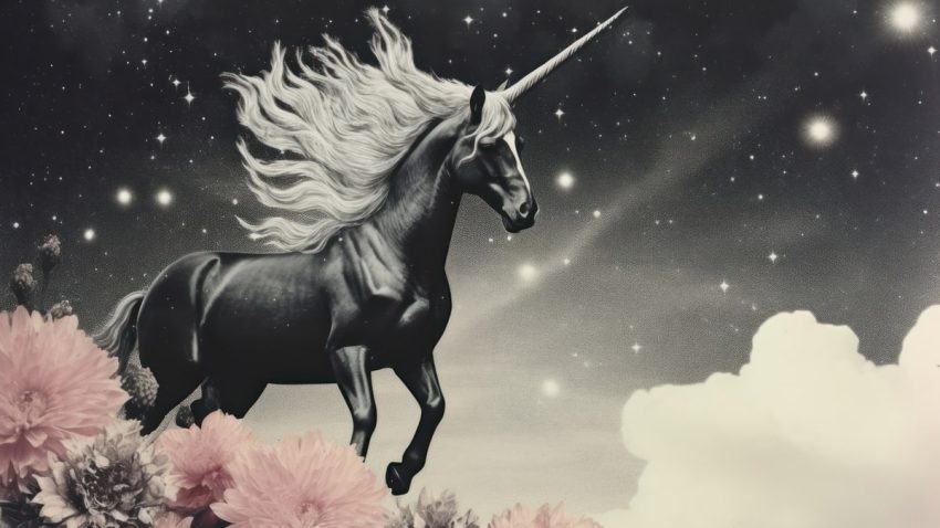 unicornio en blanco negro saltando sobre flores rosas