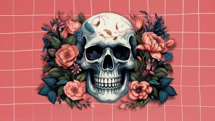 calavera con flores sobre fondo rosa