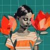 joven con flores sobre fondo verde