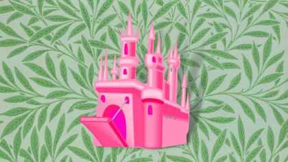 castillo rosa sobre fondo verde