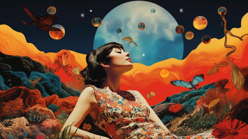 ilustración de mujer con planetas de fondo