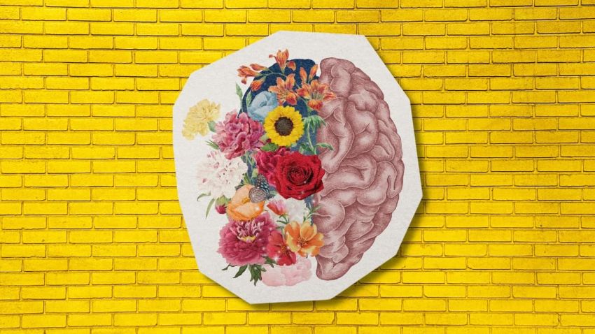 cerebro con flores sobre fondo amarillo